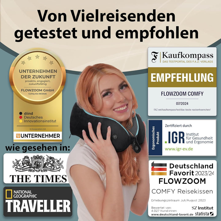 FLOWZOOM Comfy Nackenkissen für Flugzeug & Auto - Einstellbares Memoryschaum Nackenhörnchen mit flex
