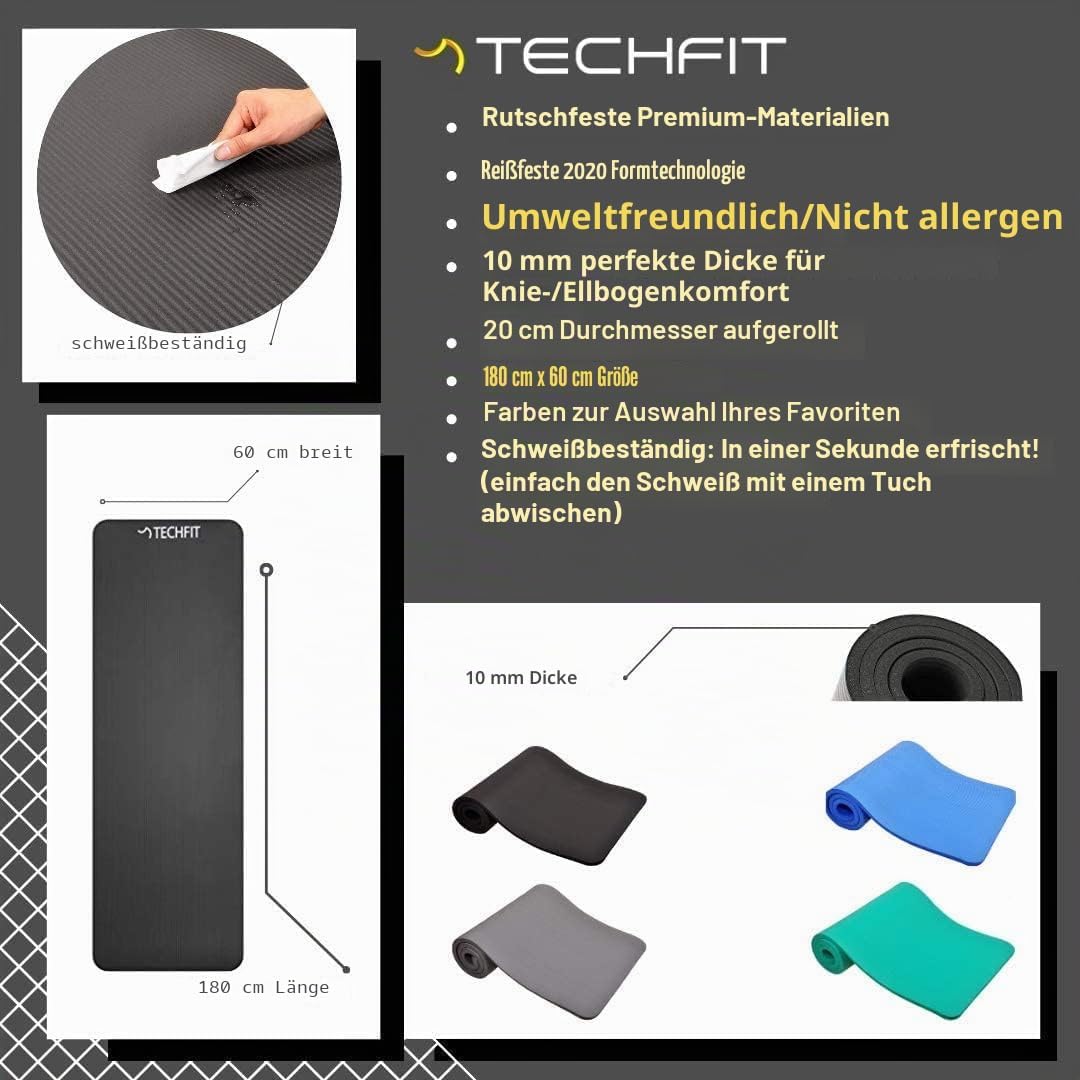 TechFit Yogamatte Rutschfest für das Fitnessstudio zu Hause - Pilates Matte für das Heimtraining, Yo