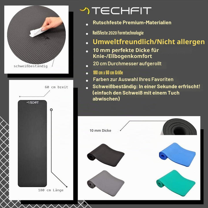 TechFit Yogamatte Rutschfest für das Fitnessstudio zu Hause - Pilates Matte für das Heimtraining, Yo