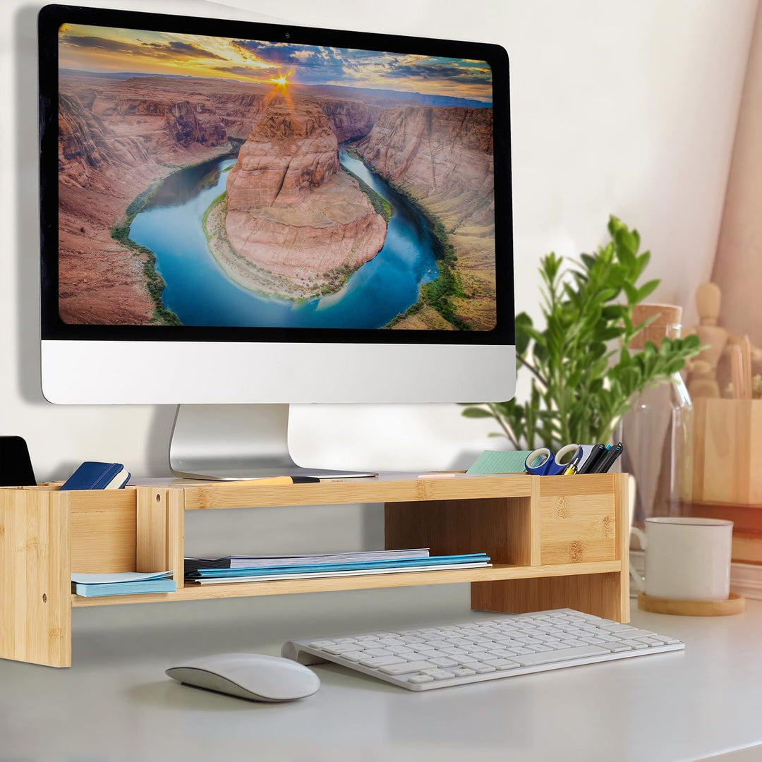Relaxdays Monitorständer Bambus, Bildschirmerhöhung mit Fächern, HBT 15,5x62,5x28cm, Monitorunterbau
