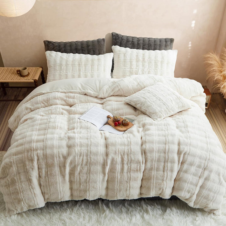 Freyamy Plüsch Bettwäsche-Set 135x200 2tlg Fleece Cremefarben,Kuschelig Warm Bettwäsche Winter Kunst