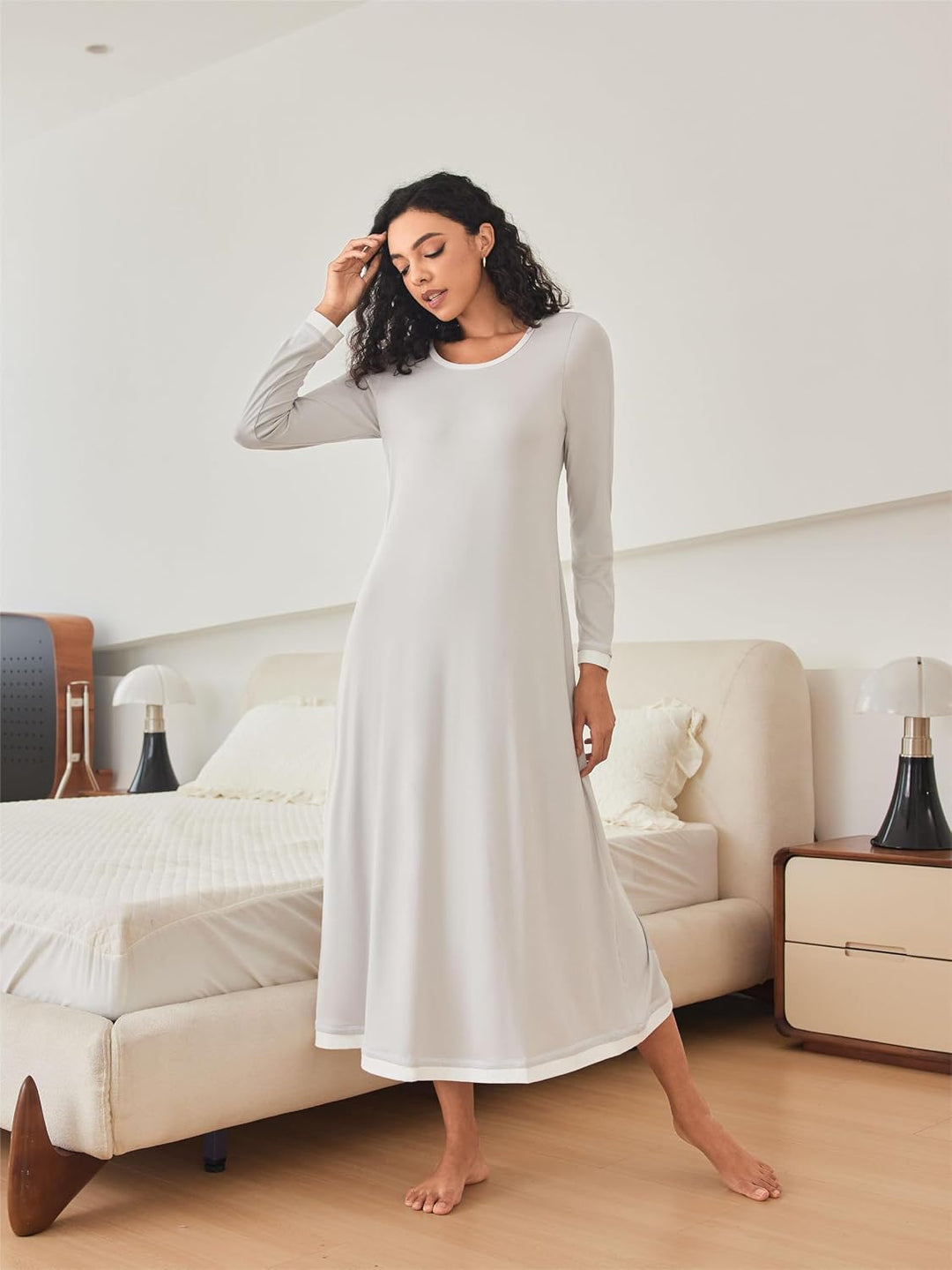 Ekouaer Damen Nachthemd Langarm Elegant Sleepshirt Weich Schlafkleid Lange Nachthemden Kontrastfarbe