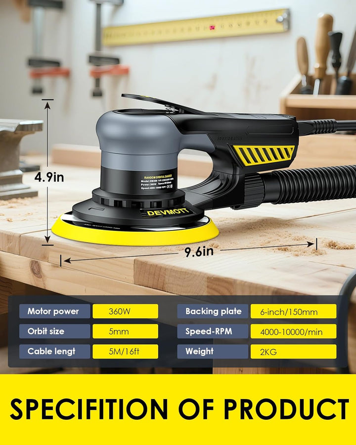 360W Bürstenloser Exzenterschleifer, 5.0 mmSchleifhub, Elektro-Exzenterschleifer mit 150 mm/6 Zoll S