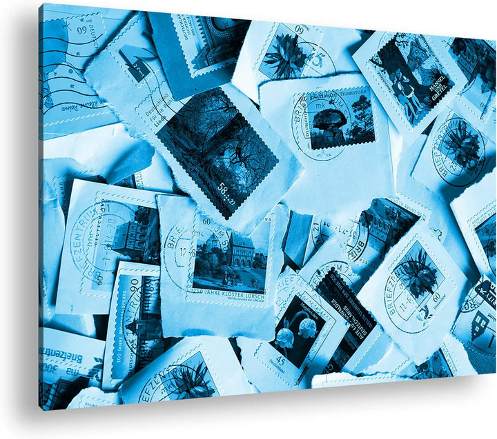 deyoli grosse Sammlung an Briefmarken Format 80x60 Effekt: Monocrome Blau als Leinwandbild, Motiv fe