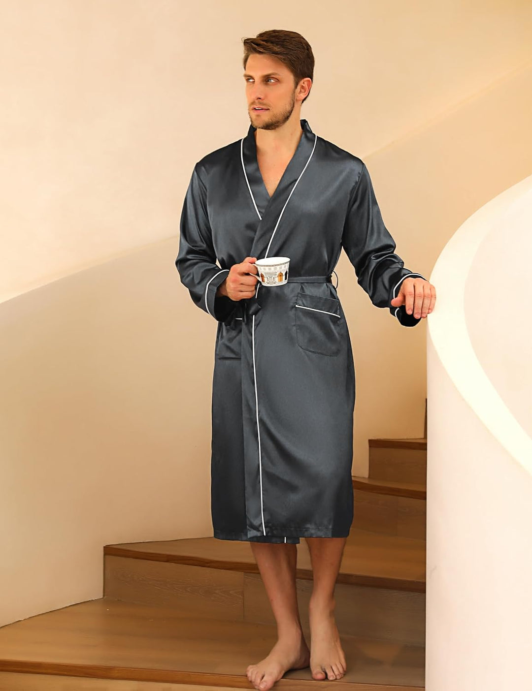 Bresdk Morgenmantel Herren Satin Kimono Robe Lang Leichter Bademantel für Männer M Dunkelgrau, M Dun