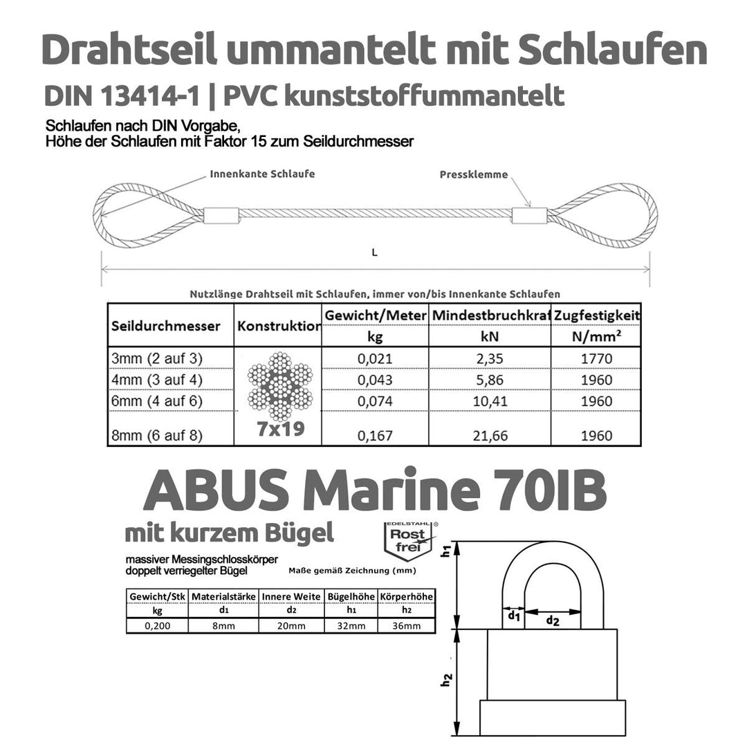 Drahtseile24 Schlaufenkabel, Drahtseil Ummantelt mit Schlaufen und ABUS Marine 70IB/45HB63 Stärke: ø