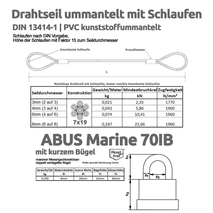 Drahtseile24 Schlaufenkabel, Drahtseil Ummantelt mit Schlaufen und ABUS Marine 70IB/45HB63 Stärke: ø