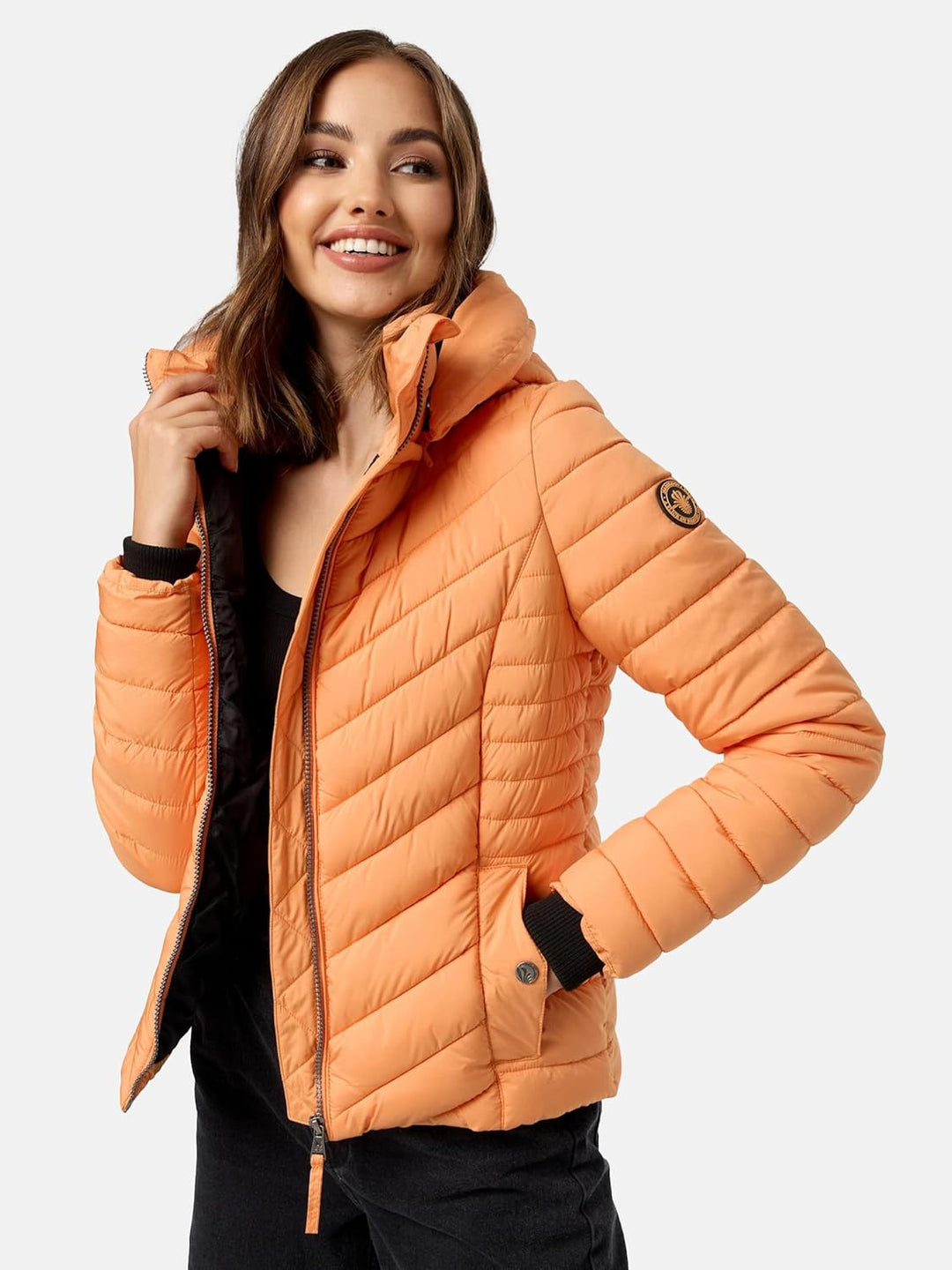 MARIKOO Damen Übergangsjacke leichte Steppjacke kurz mit Abnehmbarer Kapuze Kagomee XS-XXL, Apricot