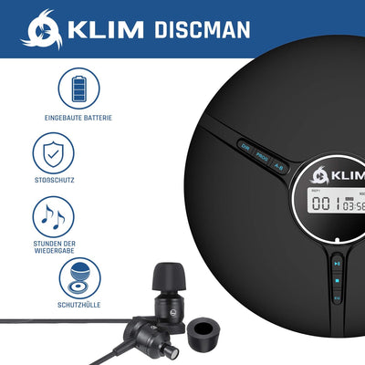 KLIM Discman - Tragbarer CD Player mit eingebautem Akku, inklusive KLIM Fusion Kopfhörer. Kompakter