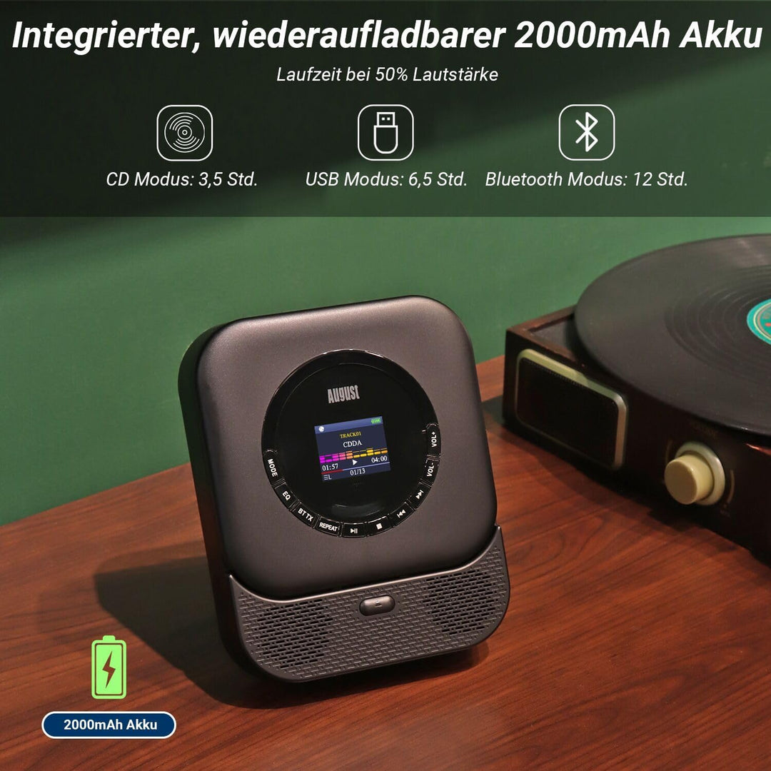 August SE15 Tragbarer Bluetooth 5.3 CD Player mit Lautsprecher 3,5mm Audio In/Out Wiederaufladbar CD