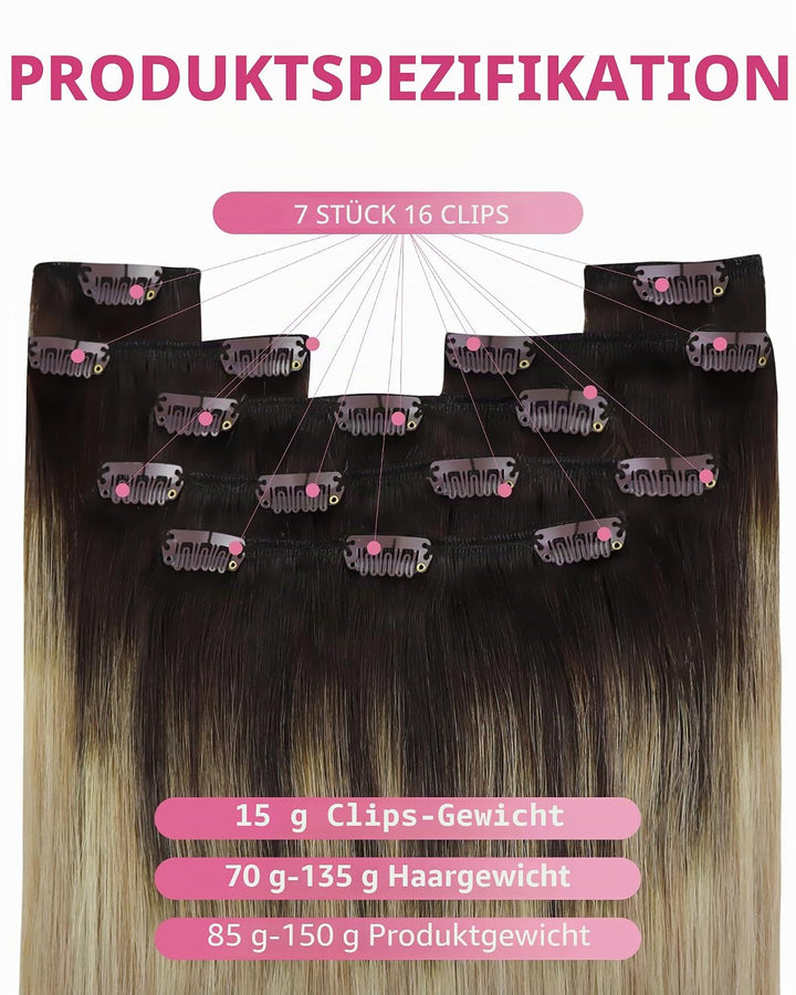 YoungSee Echthaar Extensions Clip Balayage Clip in Extensions Echthaar Braun Blond 35cm Extensions C