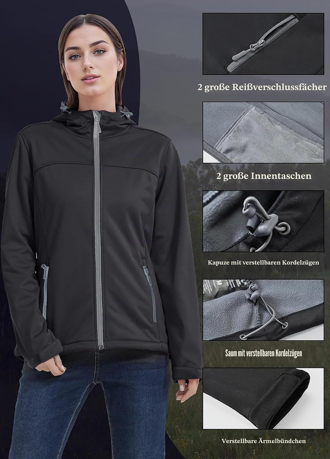 ATLASLAVA Damen Softshelljacke Wasserdichte Atmungsaktive Leichte Fleece Kapuze Übergangsjacke Laufe