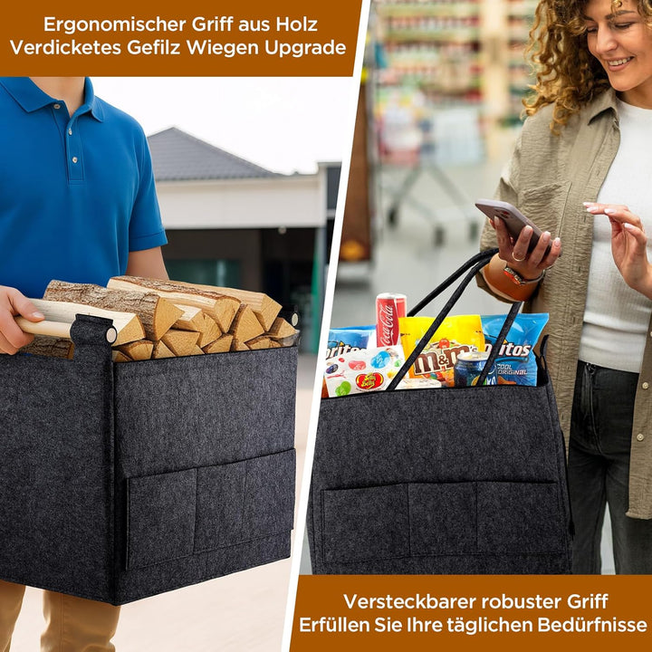 XL 40L Filzkorb & Holzkorb für Kaminholz - Doppelgriffanwendung + rutschfeste Griffe + Fronttasche e