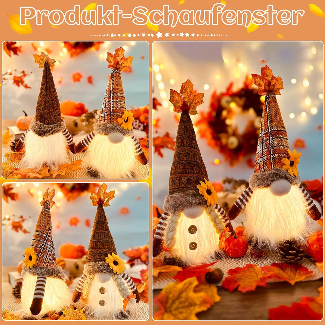 ACAREY Herbstdeko Wichtel mit Licht 2 Stück Herbst Dekoration Plüsch Figuren Halloween Deko mit LED