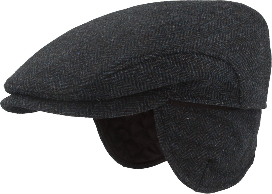 Breiter Herren Winter Schiebermütze mit Ohrenklappen Flatcap Schirmmütze 100% Wolle mit ausklappbare