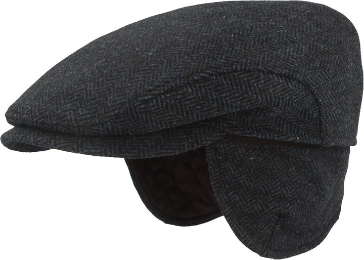 Breiter Herren Winter Schiebermütze mit Ohrenklappen Flatcap Schirmmütze 100% Wolle mit ausklappbare