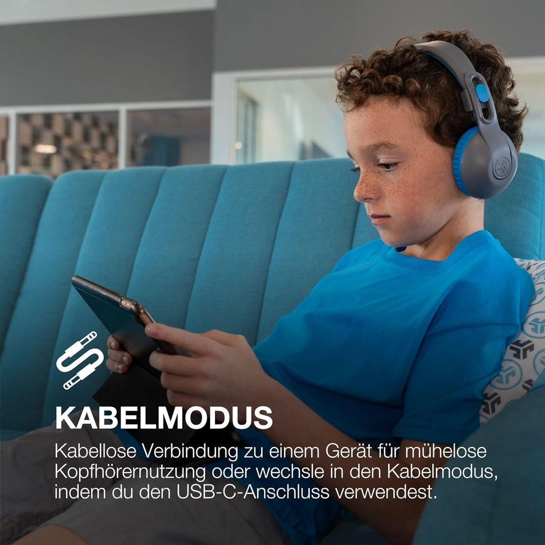 JLab JBuddies Studio 2 Kabellose + verkabelte On-Ear-Kinder-Kopfhörer, Grau/Blau, 65+ Stunden Akkula