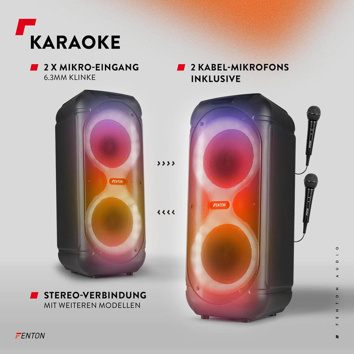 Fenton Track510 Musikbox Bluetooth Gross mit LED 160W, 10 Std Akku, 2 Mikrofone, Fernbedienung, Part