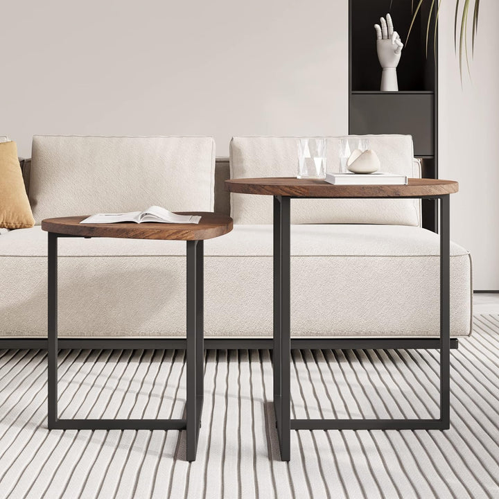 HOJINLINERO Couchtisch Rund 2 er Set,Beistelltisch Set,Sofatisch,Kaffeetisch,Metall Untergestell und