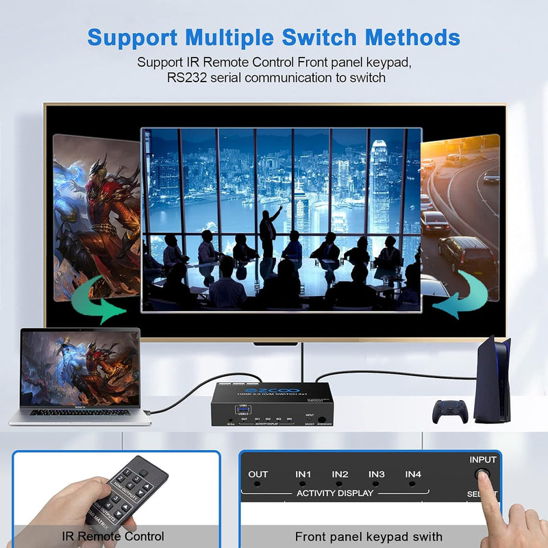 USB3.0 HDMI KVM Switch 4 Port 4 In 1 Out 4K 60Hz 4 In 4 Out SPDIF 5.1 Audio Breakout Mouse/Keyboard/