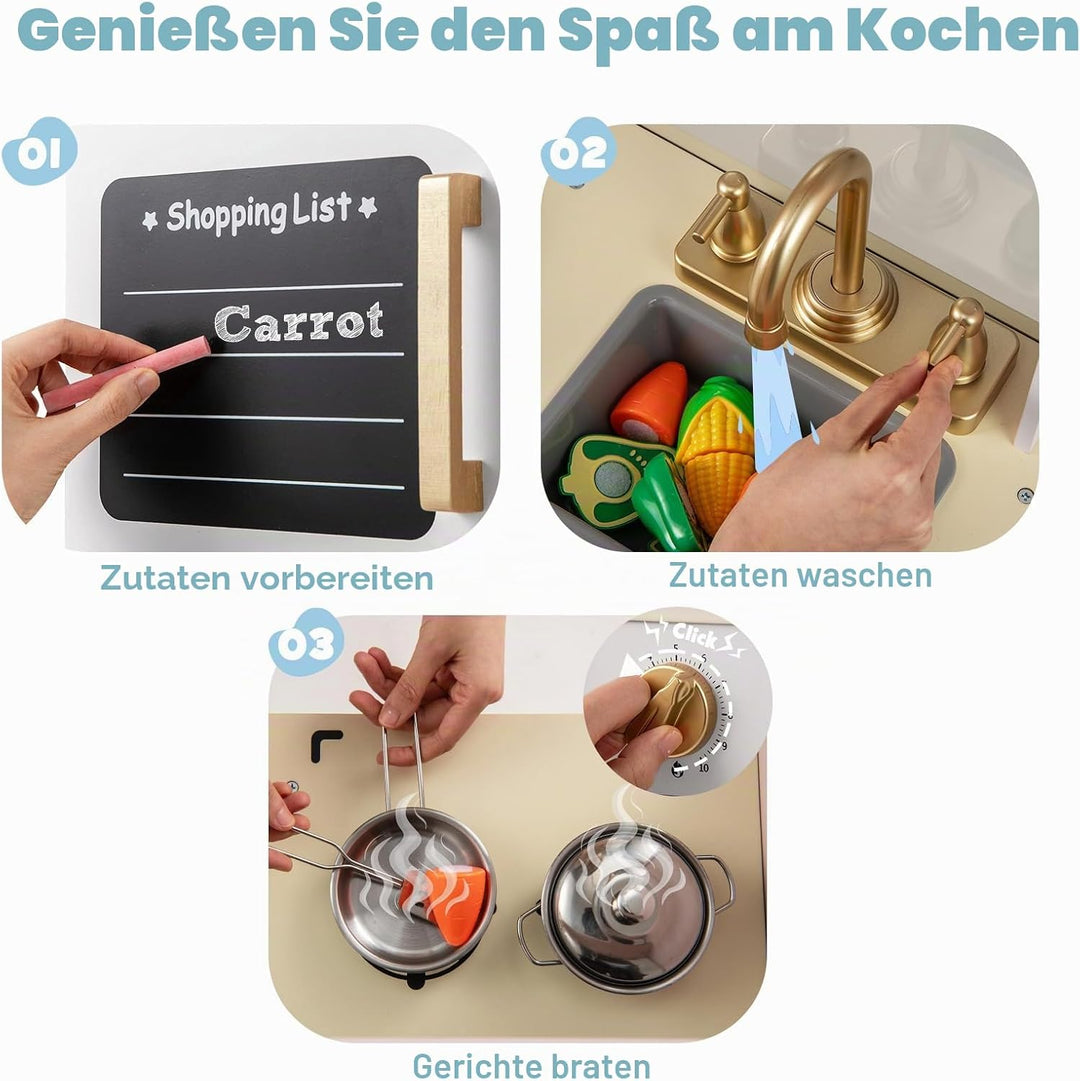 HOMASIS Kinderküche Holz, Spielküche mit beleuchteter Mikrowelle Herd Ofen Spüle Eismaschine Tafel A
