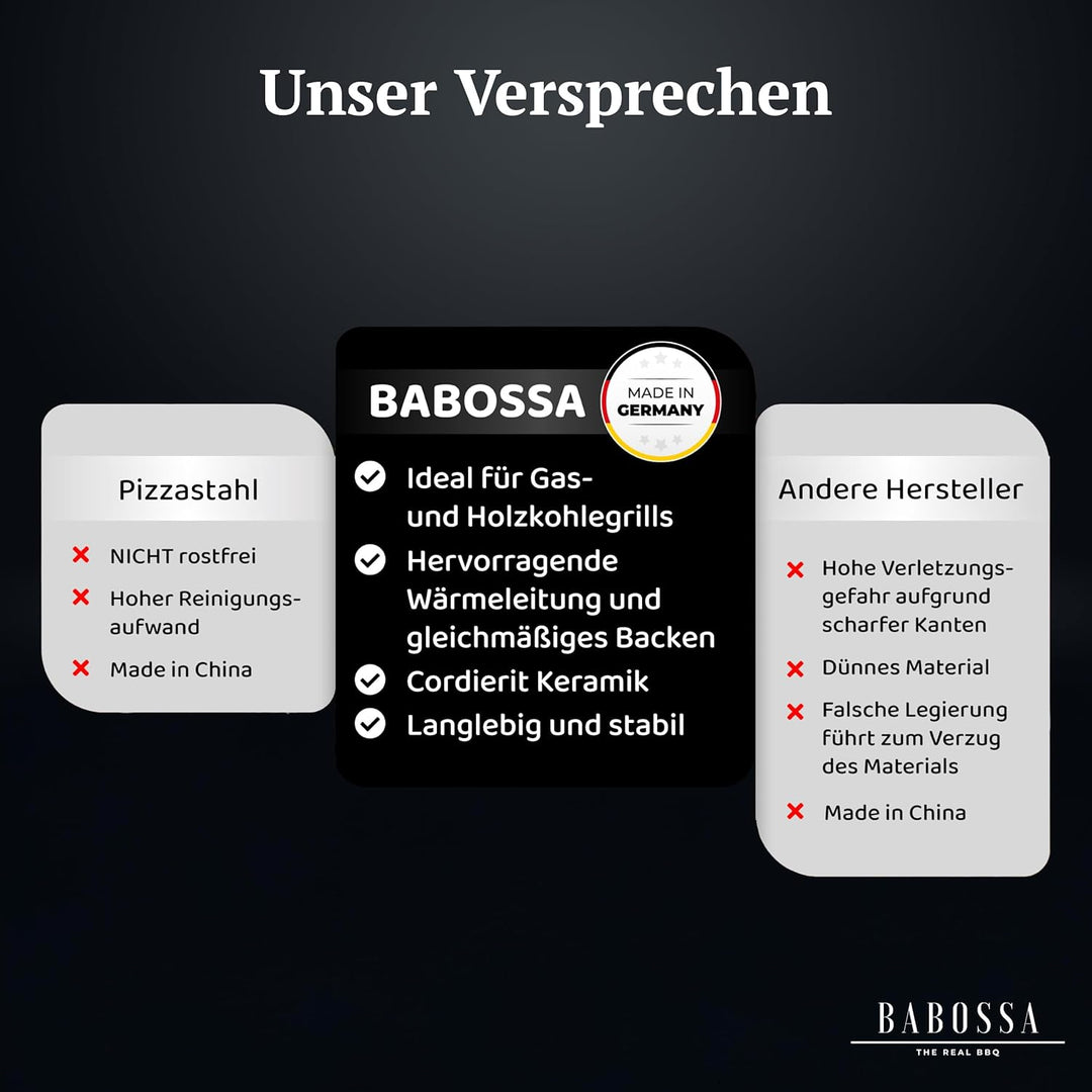 BABOSSA Pizzastein für den Grill | Ø32x3cm – Hochwertiger Cordierit Backstein – Knuspriger Boden, vi