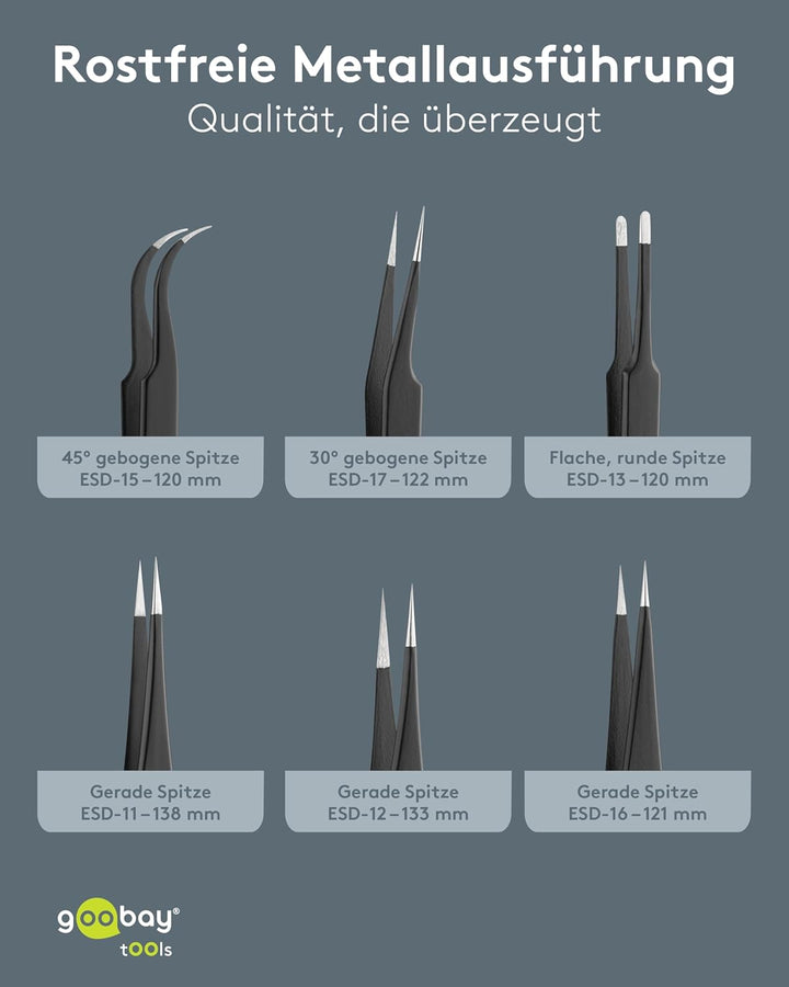 Goobay 41256 Pinzette Set mit rostfreien Flachpinzetten, Spitzpinzetten, Kreuzpinzetten plus Antista