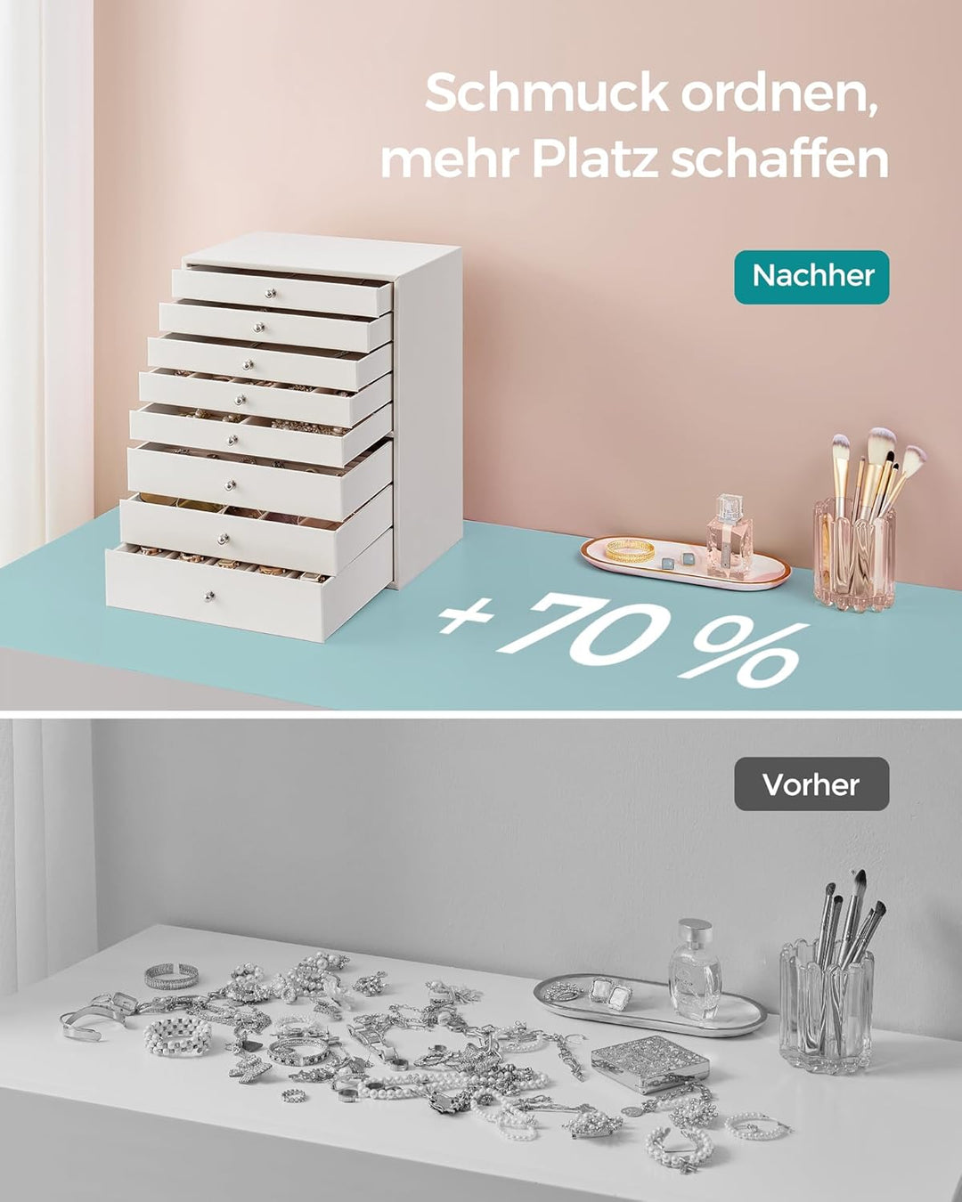 SONGMICS Schmuckkästchen, 8 Ebenen, Schmuckkasten mit Schubladen, Schmuckaufbewahrung geräumig, Schm