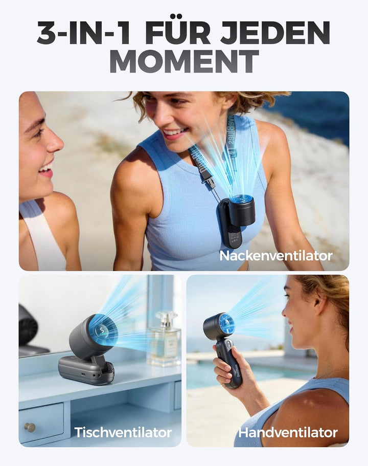 Diveblues 3-in-1 Handventilator Turbo Ventilator mit 4000mAh USB-Akku Aufladbar, 5 Stufen, Faltbar T
