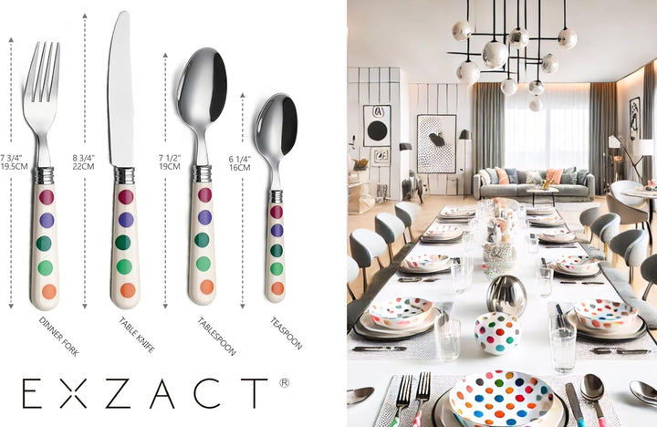 EXZACT Tupfen Besteck/edelstahlbesteck mit 16 Stücken - polka dots. Speisemesser x 4, Speisegabel x