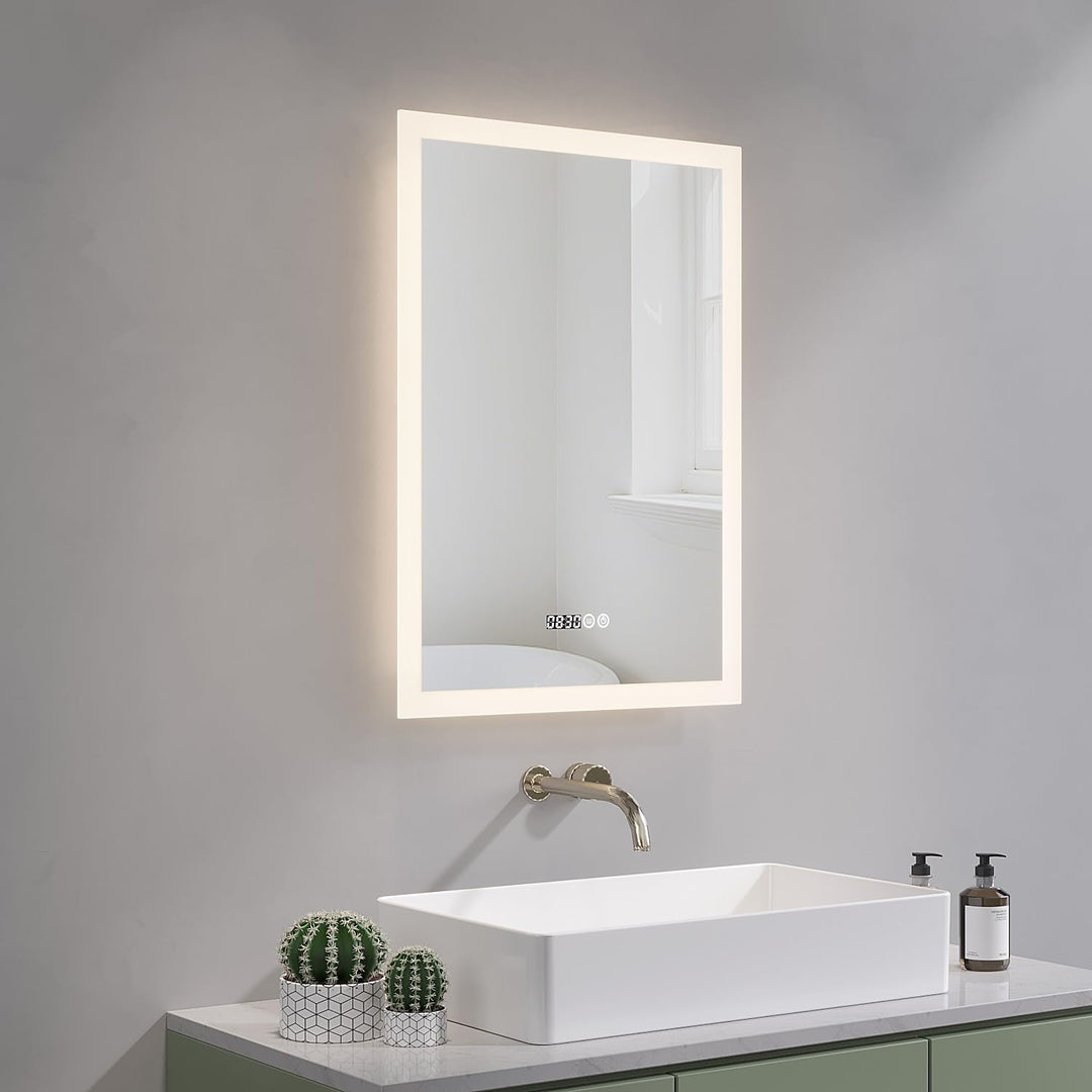 AQUABATOS LED Spiegel mit Uhr 50x70 cm Badspiegel mit Beleuchtung und Uhrzeit 3 Lichtfarben Dimmbar