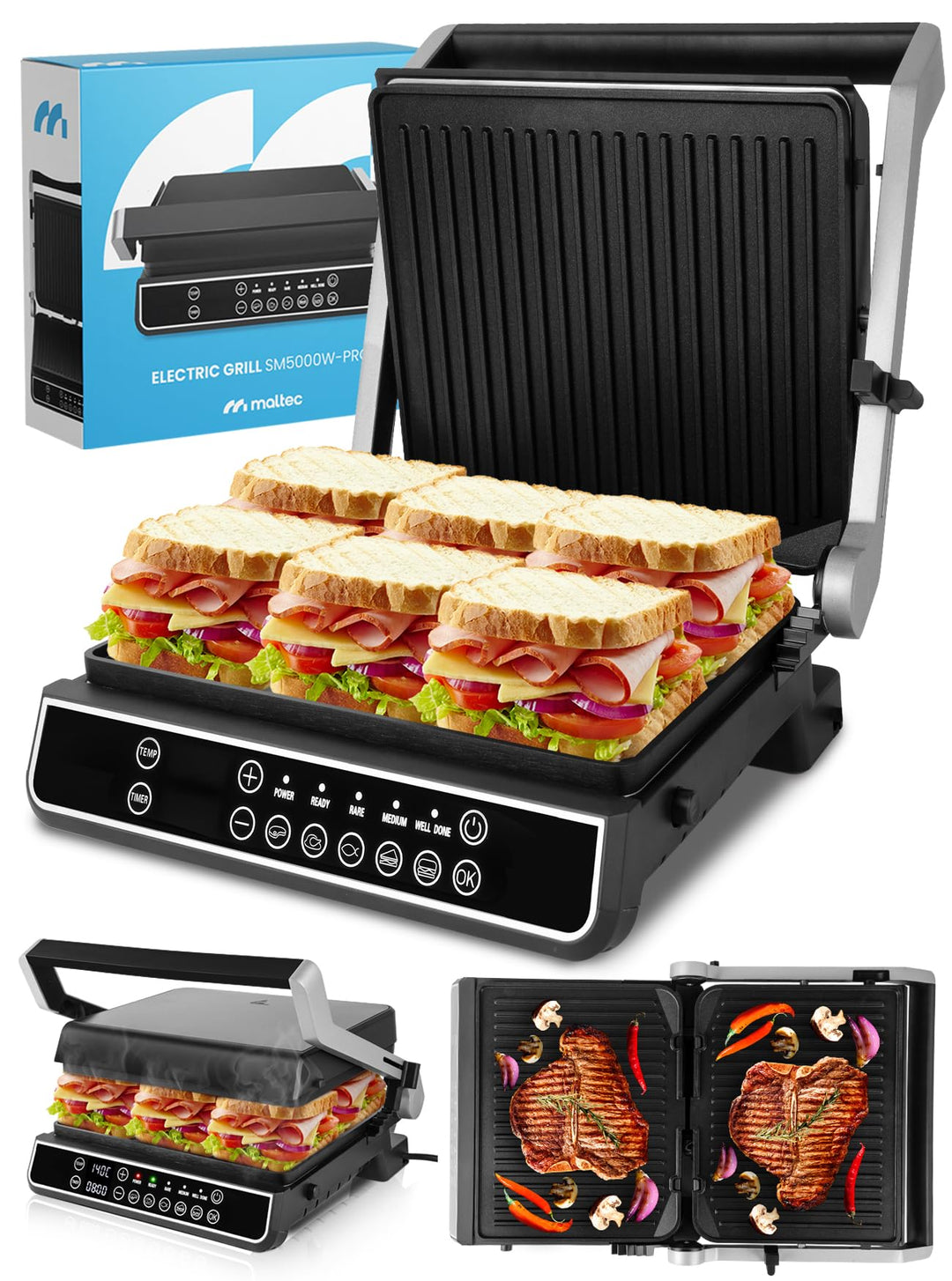 MalTec Kontaktgrill mit Auffangschale SM5000W-PRO Elektrogrill 2500W Panini Sandwichmaker, 3 Frittie