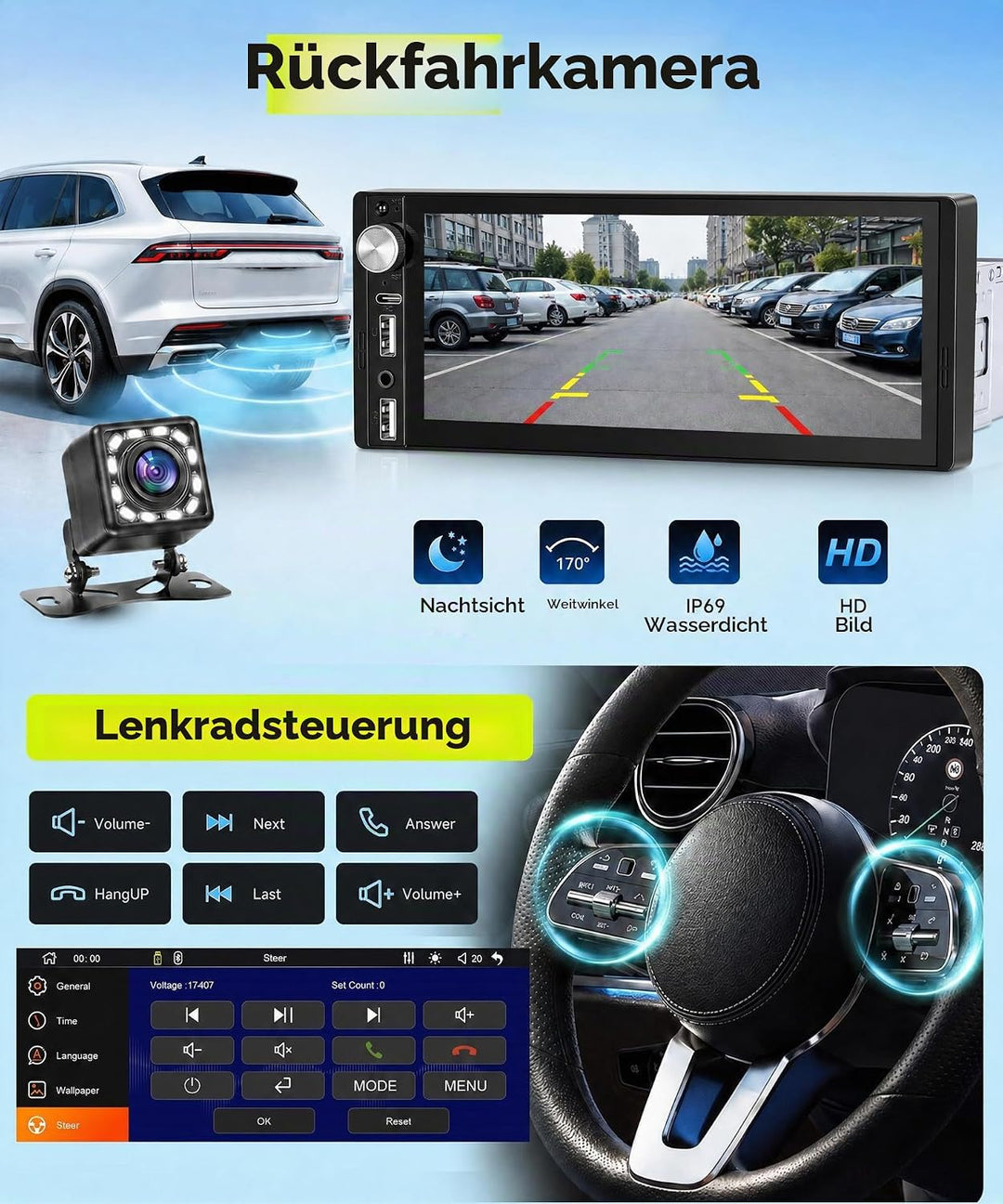 Rimoody DAB+/DAB Autoradio 1 Din mit Wireless Carplay Android Auto Bluetooth 5.2, 6.9 Zoll Touchscre
