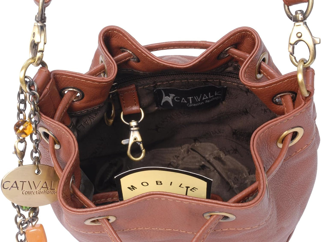 Catwalk Collection Handbags - Leder - Damen Umhängetasche mit Kordelzug - Verstellbaren Gurt - ROCHE