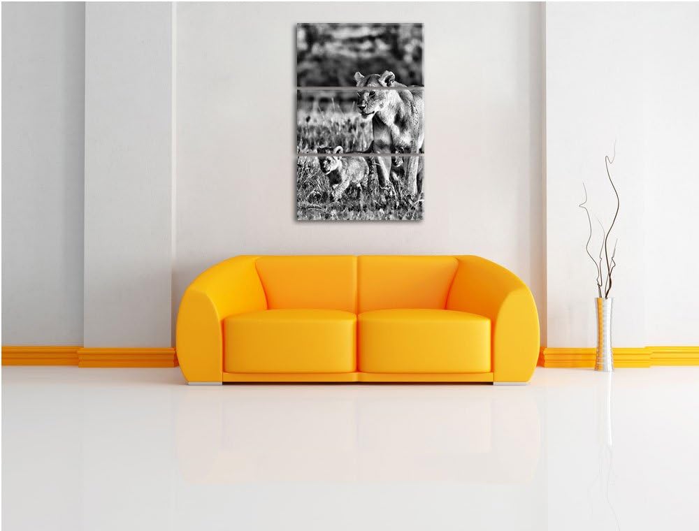 Pixxprint Monocrome, Löwenmutter mit Jungtieren 3-Teiler Leinwandbild 120x80 Bild auf Leinwand