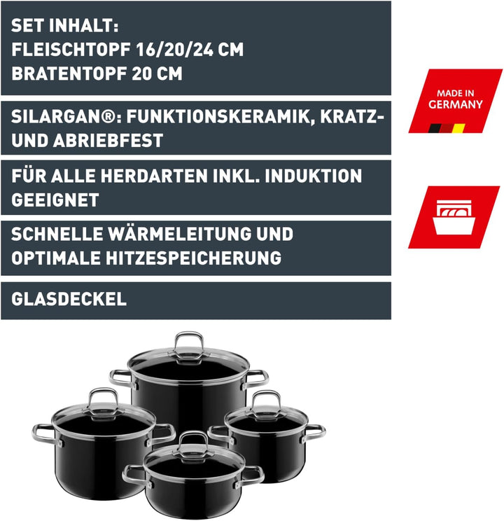 Silit Elegance Line Topfset Induktion 4-teilig, Kochtopf Set mit Glasdeckel, Silargan Funktionskeram