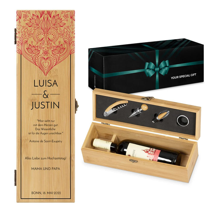 Maverton Weinbox für 0,7L Weinflasche - Wein Holzbox personalisiert + 4er Weinzubehör - Weinset Wein