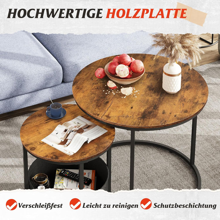WLIVE Couchtisch 2er Set, Beistelltisch Rund mit Stauraum, Wohnzimmertisch Holz mit Metallrahmen, So
