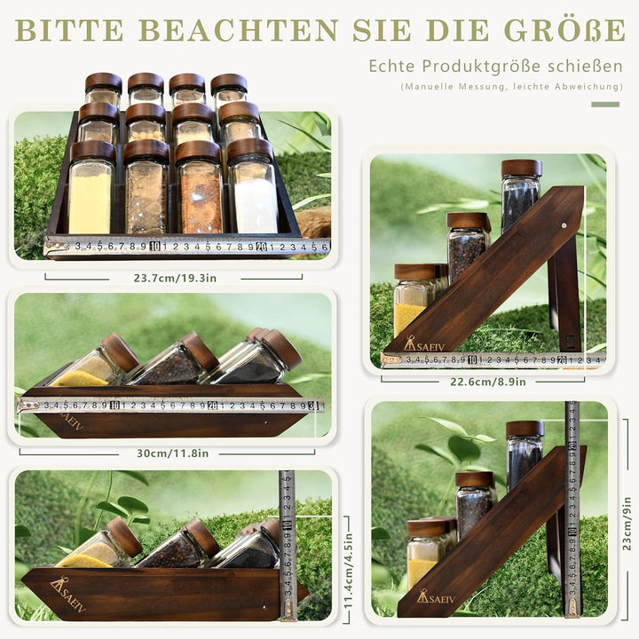 Gewürzregal Schublade mit 2-in-1 Akazien Gewürzregal Holz (FCM®) – 12x120ml Gewürzgläser Eckig, 120