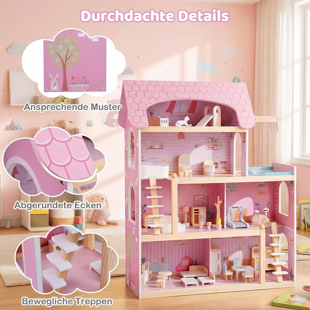 COSTWAY Puppenhaus Holz, Kinder Dollhouse mit 33 Möbelstücken, Puppenstube mit Balkon & Pool, Puppen