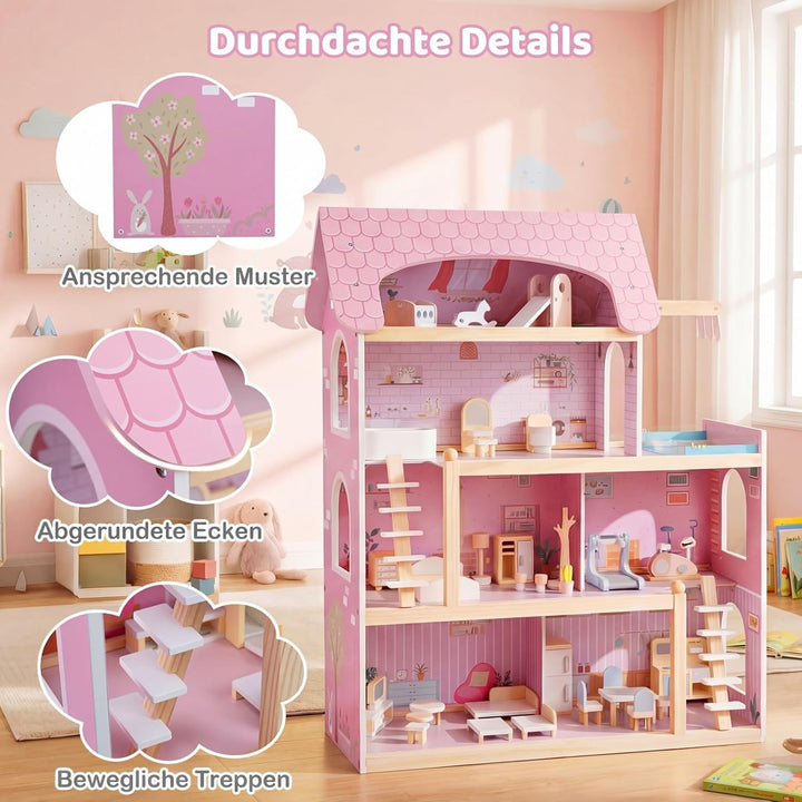 COSTWAY Puppenhaus Holz, Kinder Dollhouse mit 33 Möbelstücken, Puppenstube mit Balkon & Pool, Puppen