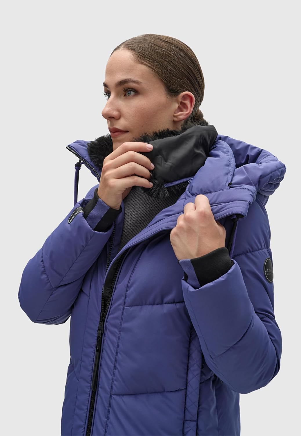 MARIKOO Damen Wintermantel Warmer Steppmantel lang mit Verstellbarer Kapuze und hohem Kragen Nadaree