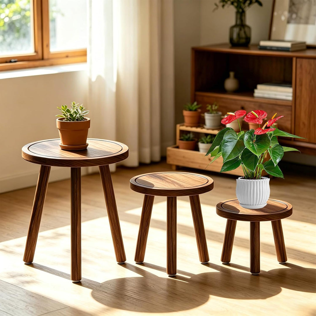 Pflanzenhocker aus Holz im 3er-Set, Dunkelbraun Rustikale Blumenständer in 3 Grössen, Blumenständer