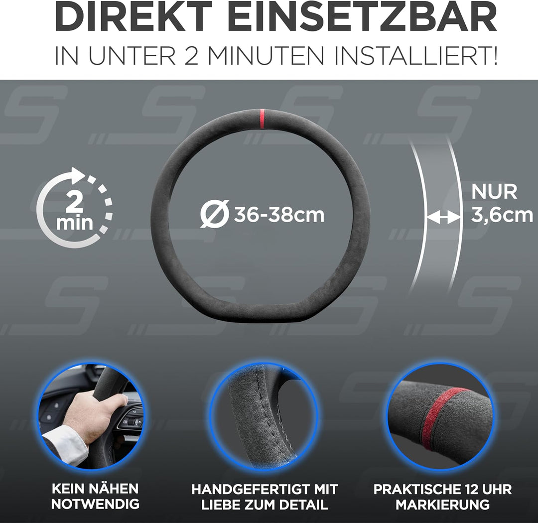 S-TETIC® Premium Lenkradbezug aus Alcantara | D-Form | Rote 12-Uhr Markierung | Universalgrösse 36-3