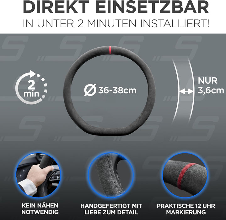 S-TETIC® Premium Lenkradbezug aus Alcantara | D-Form | Rote 12-Uhr Markierung | Universalgrösse 36-3
