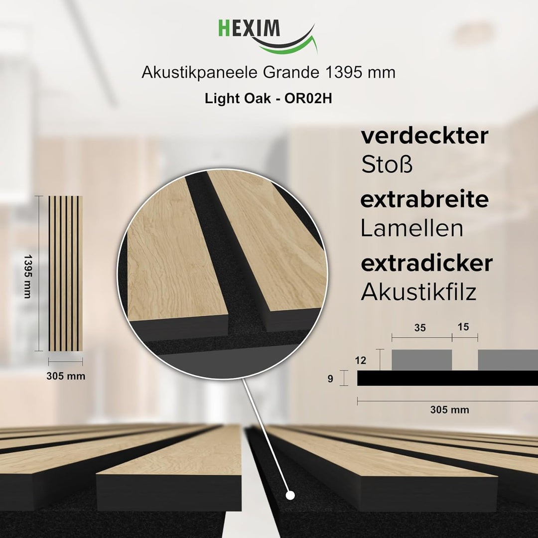 HEXIM Akustikpaneele 2 Stück 140x30cm Holz Grande - Wandpaneele Platten Lamellen Holzpaneele Echthol