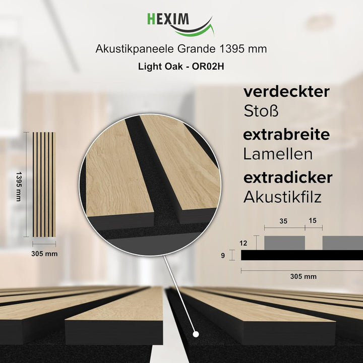 HEXIM Akustikpaneele 4 Stück 140x30cm Holz Grande - Wandpaneele Platten Lamellen Holzpaneele Echthol