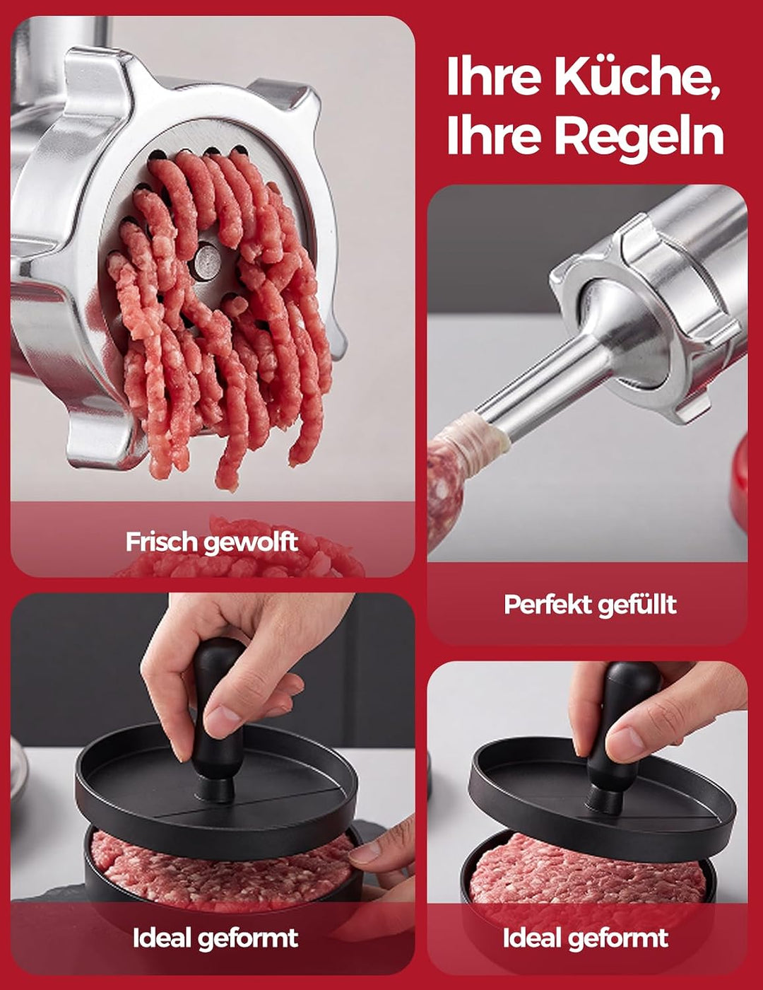 Fleischwolf Aufsatz für KitchenAid Standmixer, Edelstahl Fleischwolf Aufsatz Enthält Wurstfüller, Re