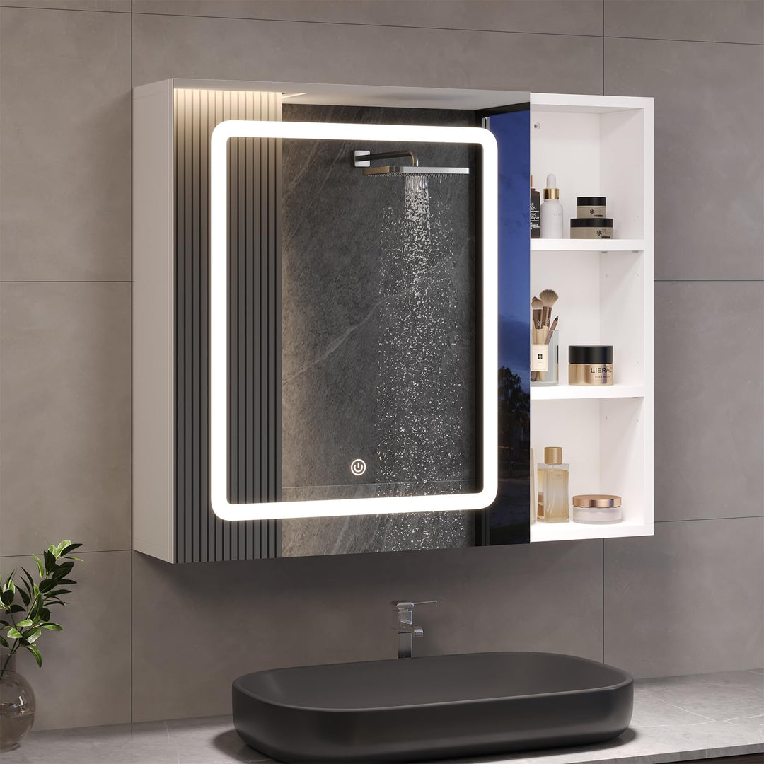 DICTAC Spiegelschrank Bad mit LED Beleuchtung 70x60x16cm Einzeltür Badezimmer spiegelschrank mit Ein