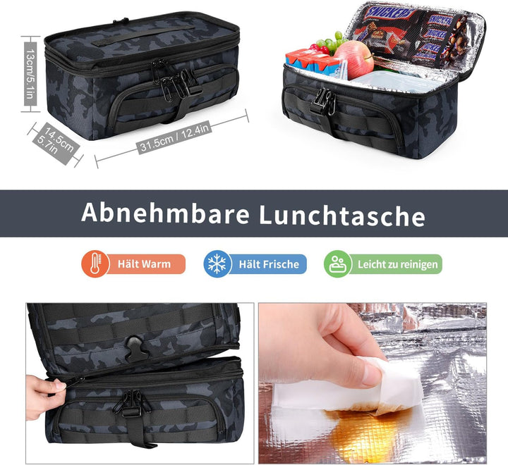 BERTASCHE Lunch Rucksack, 15.6 Zoll Laptop Rucksack mit Kühltasche, 2-IN-1 Arbeitrucksack für Herren
